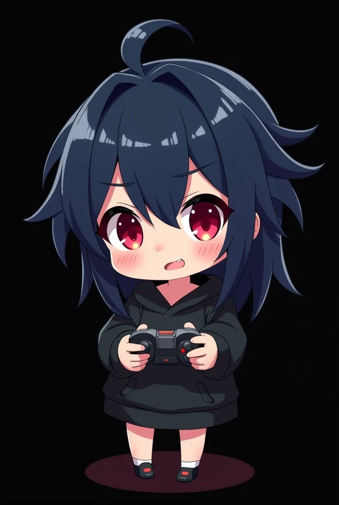 Gamer , Black empty background , Anime girl , dark blue hair , modern day mullet hair style , black hoodie , red eyes , almond eye , chibi 
