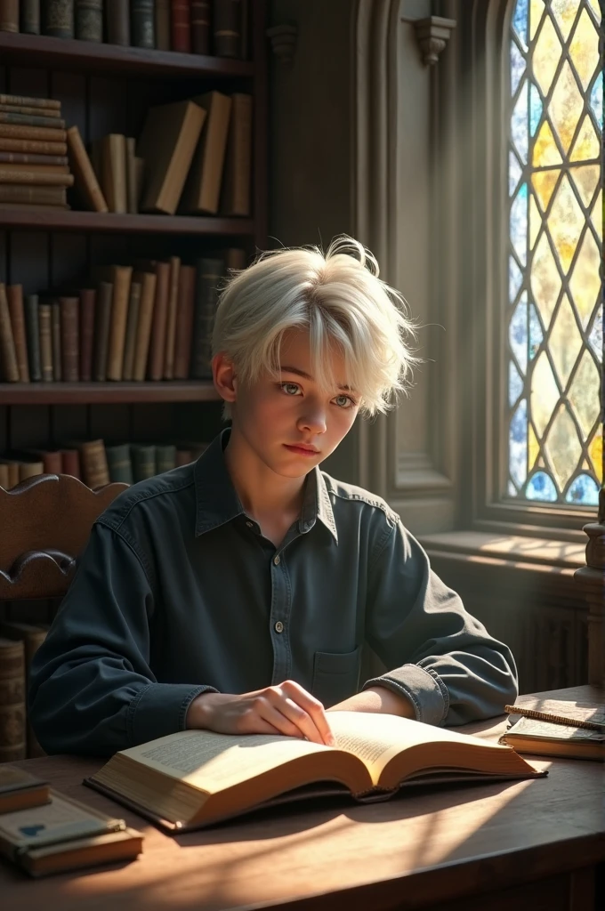 Incredibly handsome 17 year old boy with white-blonde hair, very pale skin, and grayish-blue eyes. Albino. Dressed in dark grayish-blue button up shirt and reading a book. Background of library. Faceclaim of Colin Ford