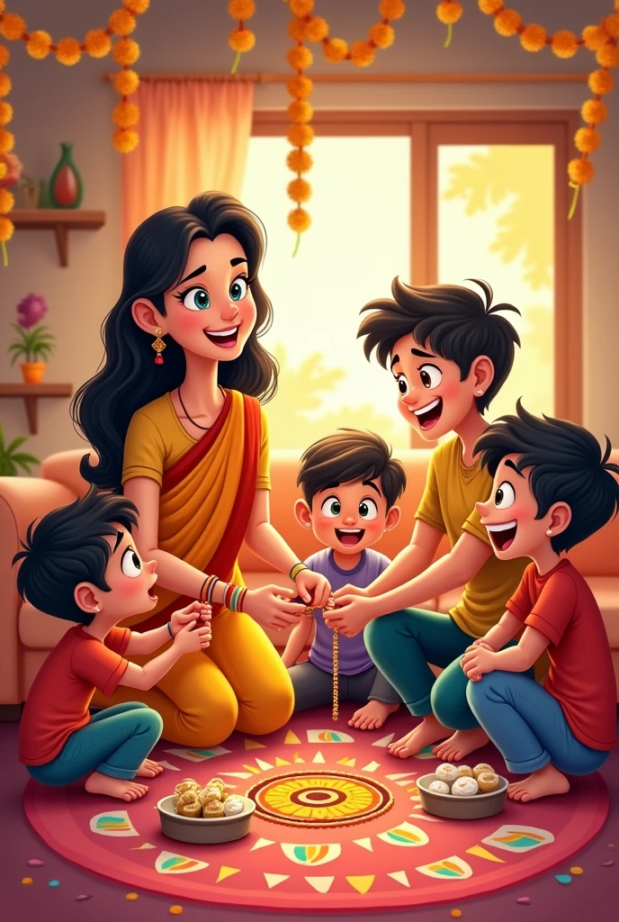 Create  a rakhsabandhan scene of cartoons in which have two sister of 26 and 18 years and four bother of 22, 18, 16, 11 years. 