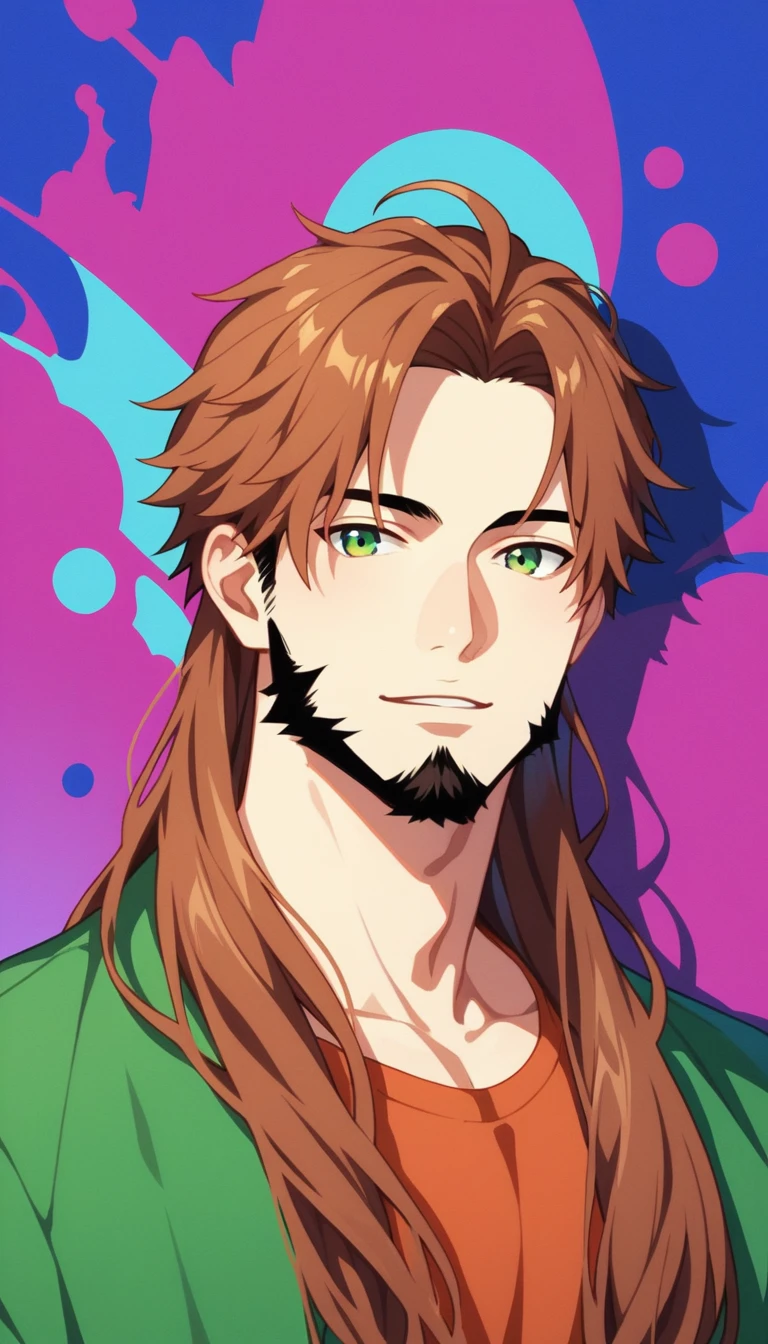 Anime Style, male, , , Medium beard, Reddish brown hair, Green Eyes, Long Hair, Calm. wise, Neon purple graffiti background, Utopian City, Surrealism, Expressionism, Anime Style, Cast a Shadow, Film Grain, Vignetting, silhouette, 1080P, Anatomically correct