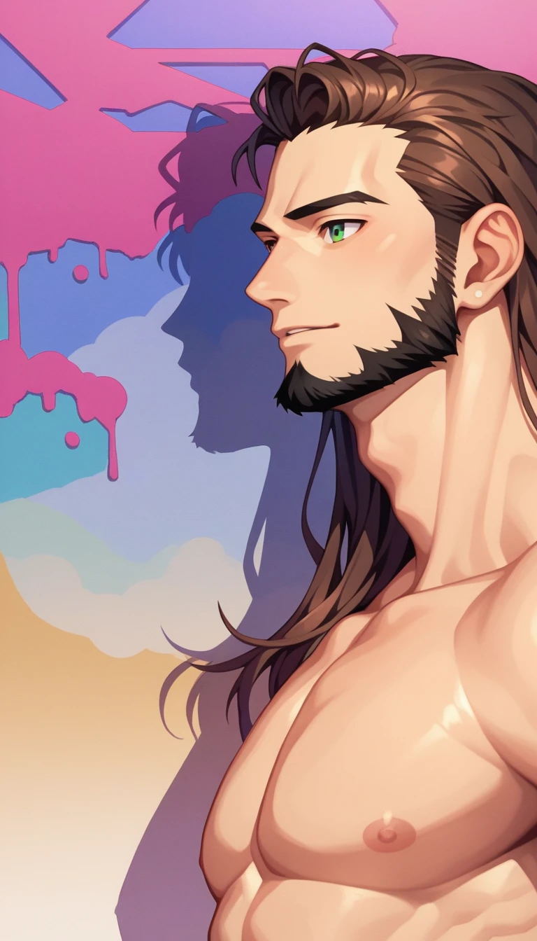 Anime Style, male, , , Medium beard, Reddish brown hair, Green Eyes, Long Hair, Calm. wise, Neon purple graffiti background, Utopian City, Surrealism, Expressionism, Anime Style, Cast a Shadow, Film Grain, Vignetting, silhouette, 1080P, Anatomically correct