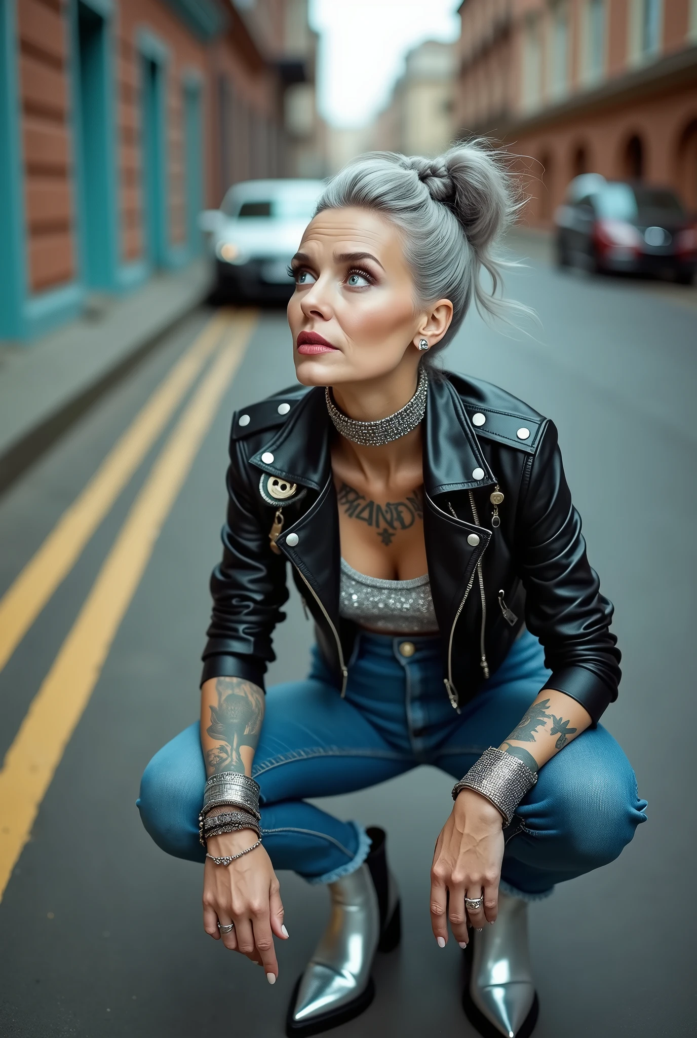 russian old milf woman, grey hair (huge top bun with shaved sides) and sunglasses as headband (big maxi glasses), with very light blue eyes, extremely pale. Wearing cropped spiked black moto jacket, some side pockets with zippers, black bra, skinny dark blue jeans (worn and dirty knees) with white thread seams and pointy Chelsea boots with cuban heels. Bandana knotted in one arm. Lots of metallic bracelets and collars. Lots of pendants. Tacky leather belt with oversized buckle. Long earrings. Sitting on the floor, looking up, chin up, eyes and mouth wide open in amazement. Hands in her lap .Looking at the camera in amazement, toned abdominals, thin legs and thin arms. tattoed