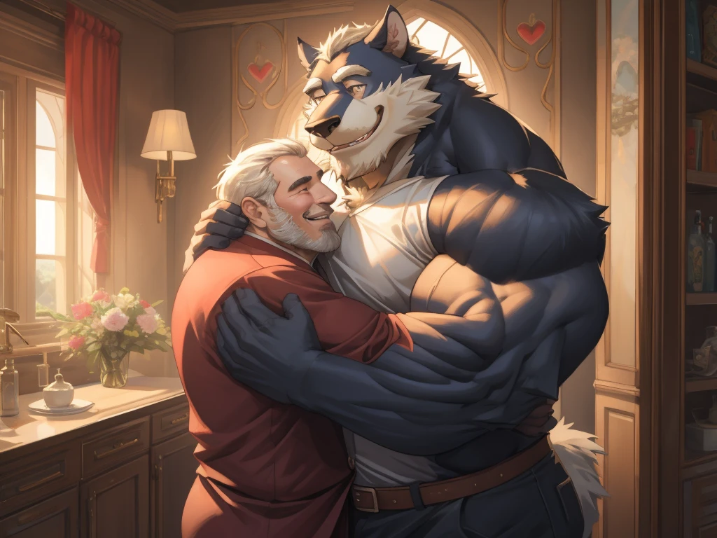 4K, detailed, soft color, Vintage images, highres, unparalleled masterpiece, absurdres, love story of human old man and giant huge Muscular furry, hug, hugging, pair, Height difference, Physical difference, perfect anatomy, smile, joyful, play with, smile, happy