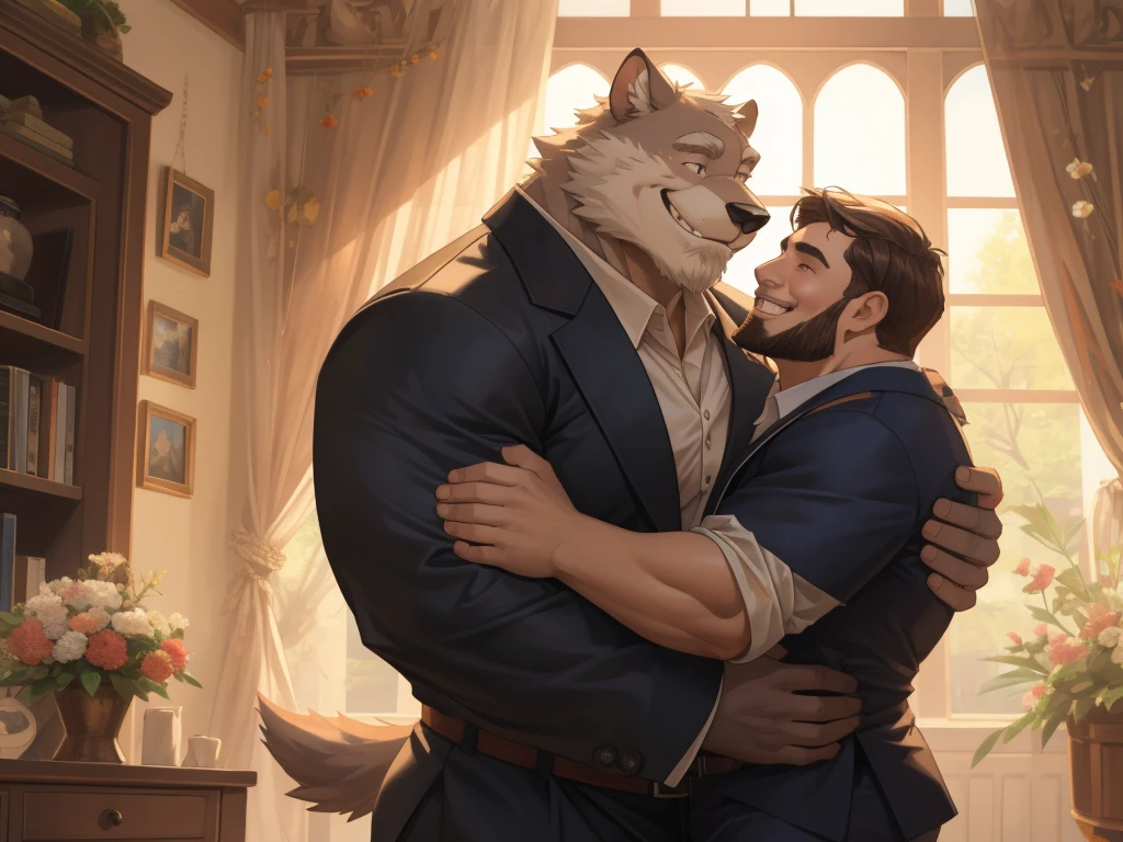 4K, detailed, soft color, Vintage images, highres, unparalleled masterpiece, absurdres, love story of human old man and giant huge Muscular furry, hug, hugging, pair, Height difference, Physical difference, perfect anatomy, smile, joyful, play with, smile, happy