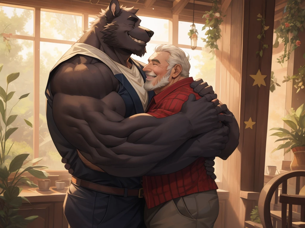 4K, detailed, soft color, Vintage images, highres, unparalleled masterpiece, absurdres, love story of human old man and giant huge Muscular furry, hug, hugging, pair, Height difference, Physical difference, perfect anatomy, smile, joyful, play with, smile, happy