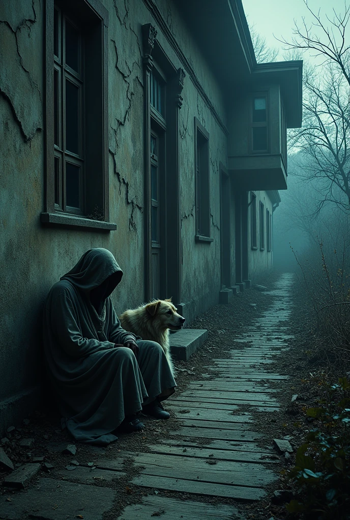For a scene like that, you might imagine a dilapidated villa with cracked walls and broken windows, shrouded in shadows. The beggar, looking ghostly and tattered, sits hunched with a spectral aura. Beside him, a scruffy dog with a haunted look adds to the eerie atmosphere. The villa’s overgrown garden and creaking wooden floorboards contribute to the chilling setting. The lighting could be dim, with moonlight casting unsettling shadows.