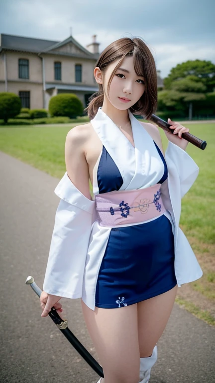 (8k、RAW Photos、Highest quality、masterpiece:1.2)、(Realistic)、One woman、((A purple and white furisode kimono、Navy blue))((I can see your shoulders、Thighs、Small breasts、boots))、((Black hair ponytail 1.3))(Thighs1.2)、((whole body、View from the front、Looking into the camera、Holding a Japanese sword))、(A youthful face with beautiful eyes..3)、(Nighttime mansion background in the Sengoku period)