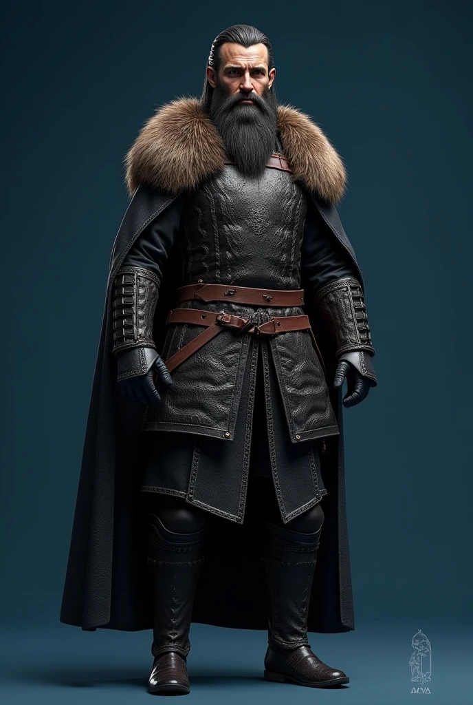 

"Create a detailed and realistic 3D model of Ertugrul Ghazi, a heroic medieval warrior with a stern, determined expression. He should be wearing black traditional Turkish armor, complete with leather details and a fur-lined cloak. The model should depict him with a thick beard, long hair, and a fur hat. The background should be a solid blue, constant color to ensure the focus remains on the character." Full body should be visible 