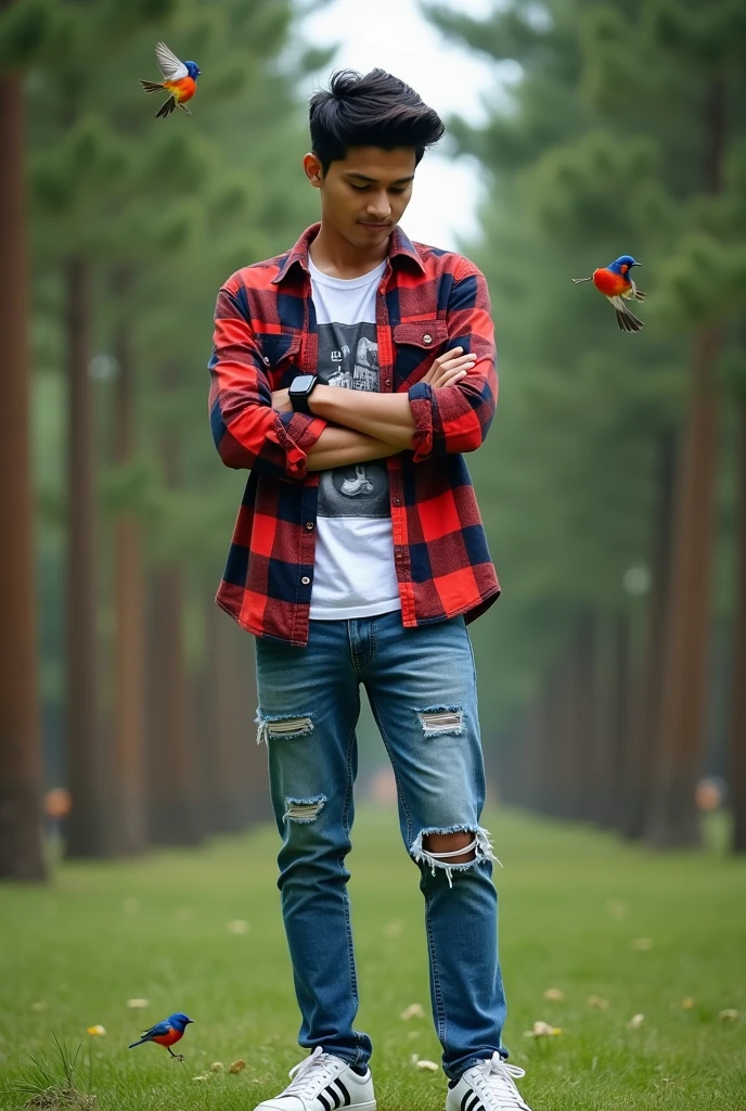 Please make a picture of a 28-year-old Asian man.standing with his hands crossed against an outdoor background with a pine forest background.there are small colorful birds flying around him,The individual is wearing a tosca long sleeve plaid shirt with a graphic design t-shirt, wearing an iPhone smartwatch in his left hand, wearing blue ripped jeans, and wearing white sneakers with black stripes.