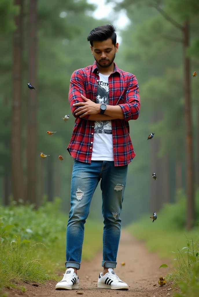 Please make a picture of a 28-year-old Asian man.standing with his hands crossed against an outdoor background with a pine forest background.there are small colorful birds flying around him,The individual is wearing a tosca long sleeve plaid shirt with a graphic design t-shirt, wearing an iPhone smartwatch in his left hand, wearing blue ripped jeans, and wearing white sneakers with black stripes.