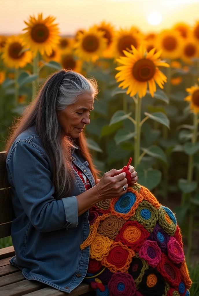 An old lady with glasses and black hair is crocheting in a vast and large sunflower field with a sunset scene covering half the screen