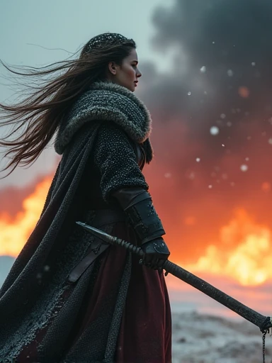 macabre style Capture the indomitable spirit of a beautiful Viking Age princess warrior, cowboy shot, standing triumphantly amidst the chaos of a brutal skirmish, wearing luxurious furs and distressed leathers, she embodies sophisticated savagery, crimson droplets of blood from the skirmish adorn her countenance, employing a low camera angle to emphasize the magnitude of her stature and authority, effectively positioning her as a titan above mere mortals, merging reality with fantasy, this provocative tableau challenges conventional notions of beauty, inspiring reflection on what it means to be strong, commanding, and utterly bewitching, style of Nick Knight, style of Igor Morski, style of Wlop, . dark, gothic, grim, haunting, highly detailed. Fire, heavy smoke, ice, snow. Hair in the wind.