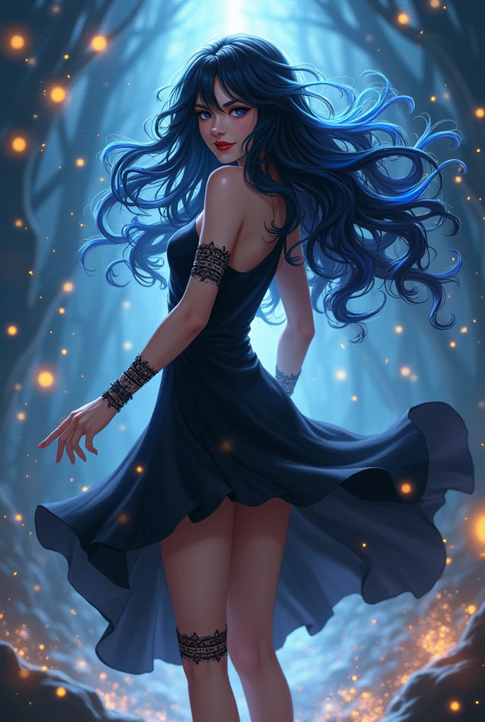 A character with long black hair and blue highlights, dressed in dark clothing, stands against a backdrop of magical elements. The character has a mischievous grin without showing any teeth, a sly expression covering the mouth. She is a female figure with a black dress swirling around her as if she's about to levitate, showcasing her entire body adorned with leg bands, creating an air of mystique and intrigue.