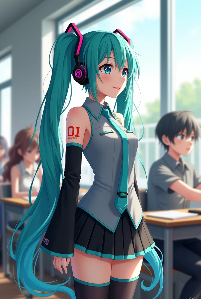 
Anime art, anime style, detailed drawing, white background, high definition, high quality, one girl, solo, Hatsune Miku, aqua hair, twin tails, head ornament, headphones, number tattoo "01" (red, located on her left hand), grey sleeveless collared shirt, black detached sleeves with aqua lines, five fingers with aqua nails, aqua necktie, black pleated mini skirt with aqua lines, zettai ryouiki, thigh-high black boots with aqua lines.

A high school student is sitting on a chair in a classroom, looking at Miku Hatsune, who is seated to his right by the window. The classroom is filled with many other students, creating a lively atmosphere. Miku, with her signature turquoise twin tails, is gazing out the window, while the student watches her with curiosity. The sunlight streams through the window, illuminating Miku and casting soft shadows in the classroom.