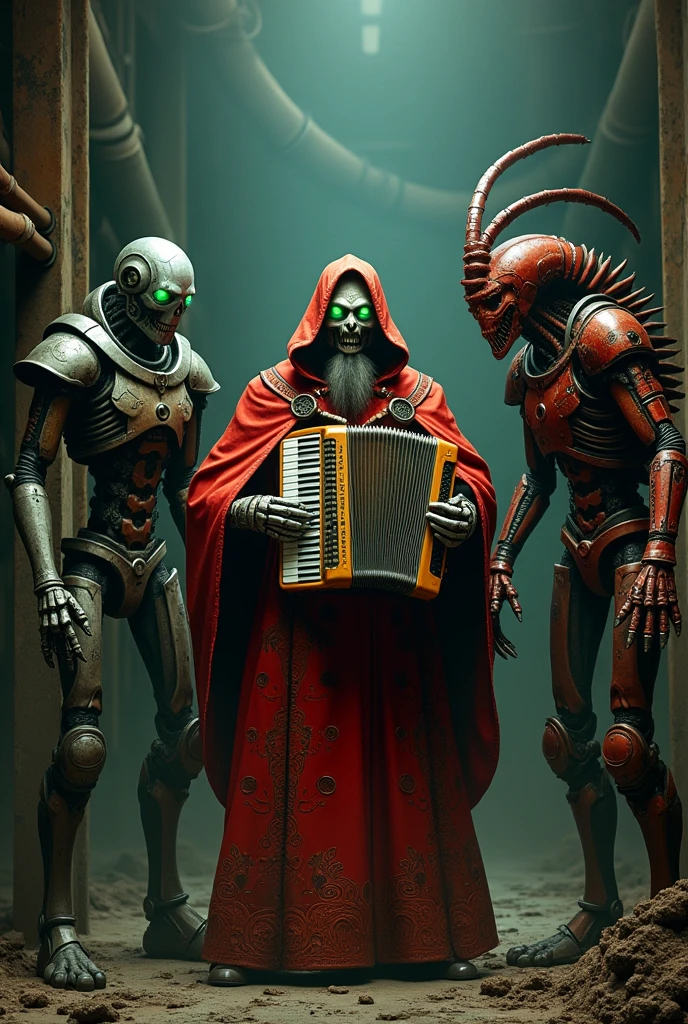 A tech-priest Belisarius Cawl in red robes playing a accordion, surrounded by a Necron and a Tyranid, dark industrial background. Adeptus Mechanicus is dressed in his iconic red robe adorned with copper gears. On either side of him sit contradictory beings: on one side, a menacing Necron, cold and metallic, his green eyes glowing in the dark like an ancient life-destroyer. On the other side, a Tyranid bio-monster, fierce and muscular, with organic plates and claws contrasting with the technological power of his companions. Despite their differences, the three have gathered in this absurd yet oddly harmonious moment.
