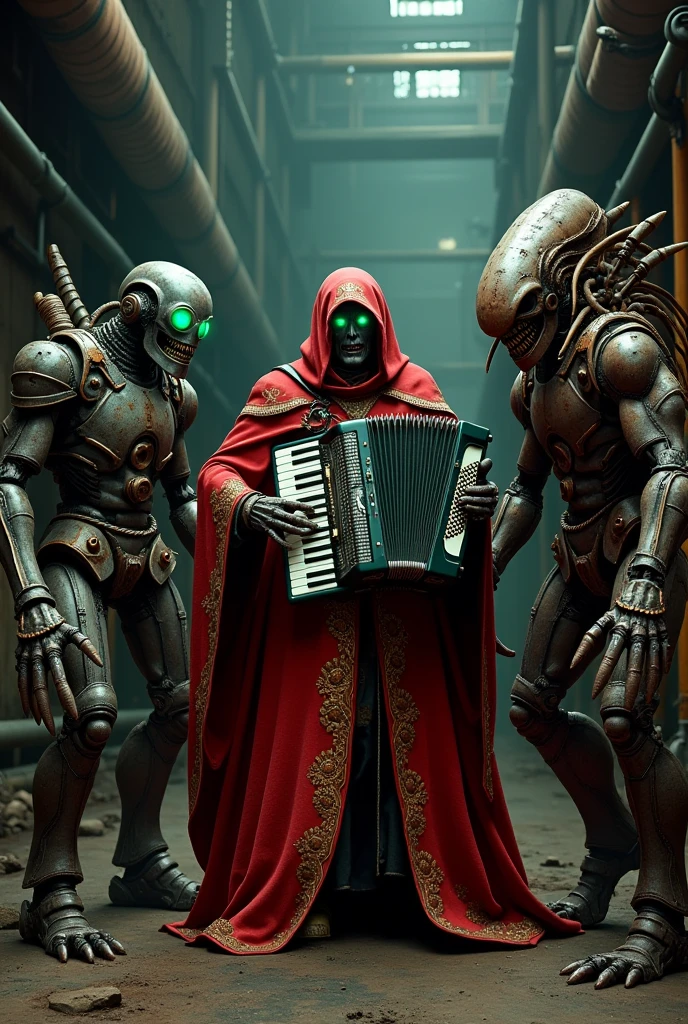 A tech-priest Belisarius Cawl in red robes playing a accordion, surrounded by a Necron and a Tyranid, dark industrial background. Adeptus Mechanicus is dressed in his iconic red robe adorned with copper gears. On either side of him sit contradictory beings: on one side, a menacing Necron, cold and metallic, his green eyes glowing in the dark like an ancient life-destroyer. On the other side, a Tyranid bio-monster, fierce and muscular, with organic plates and claws contrasting with the technological power of his companions. Despite their differences, the three have gathered in this absurd yet oddly harmonious moment.