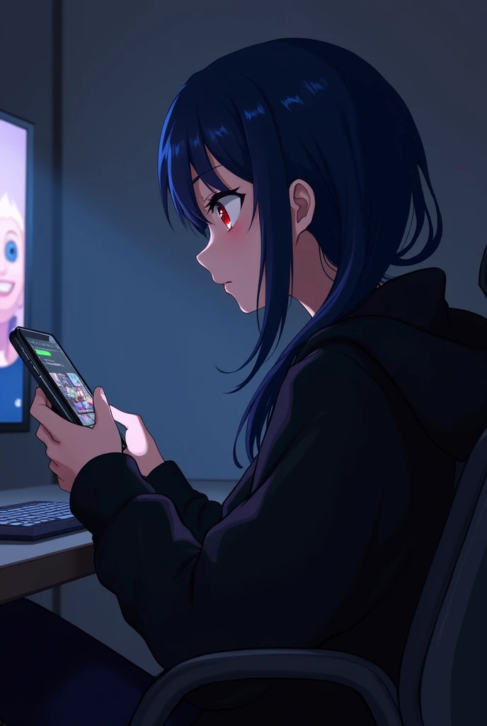 Gamer , dark background , Anime girl , dark blue hair , modern day mullet hair style , black hoodie , red eyes , almond eye , plays mobile game , side view