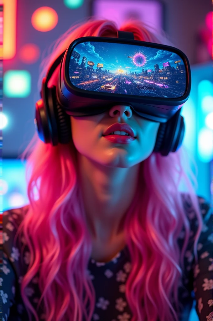 Gamer girl with pink hair, fair skin, pink lips, rosy cheeks, and VR glasses with a gamer background image.