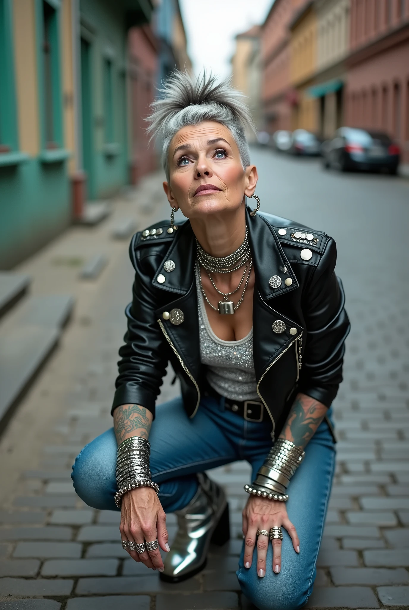 russian old milf woman, grey hair (top bun, shaved sides), with very light blue eyes, extremely pale. Wearing cropped black moto jacket (lots of silver metal pins and badges on lapels), shiny silver sequins tank top, skinny blue jeans and silver pointy Chelsea boots with cuban heels . Lots of metallic wide silver bracelets, a tacky chain and a padlock as a collar.mTacky studded leather belt with oversized chanel buckle. Wide loop earrings. Kneeling looking up, eyes and mouth wide open in amazement. Tattooed. Hands on her knees. Chin up, looking up listening in amazement to God. Well toned abdominals, thin legs and thin arms.