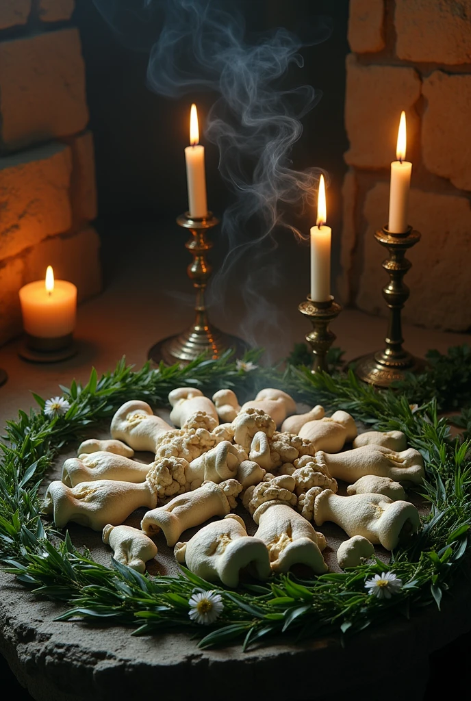An altar with bones, yerbas, candles and incense photorealism