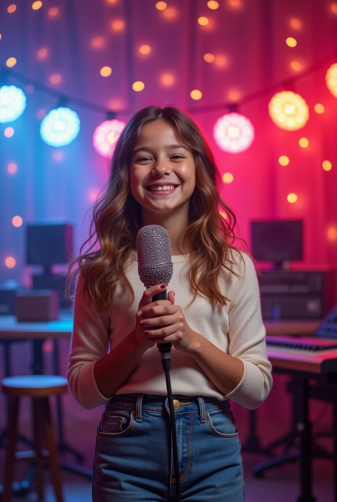 One person/cute、Adorable、small/Singing with a microphone/studio、Sparkling lights/