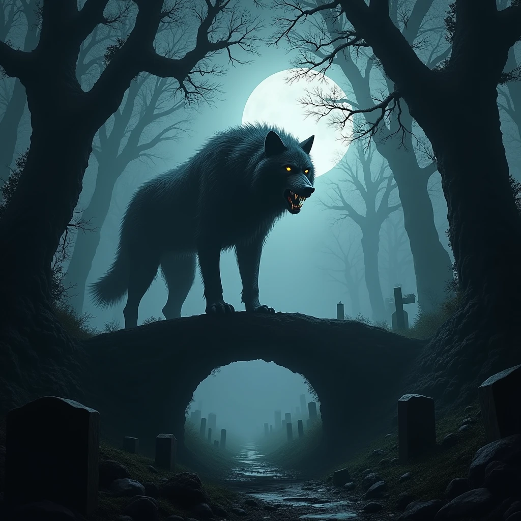 Create a horror movie scene with a werewolf. The scene is creepy and mysterious, with a gothic aesthetic. 