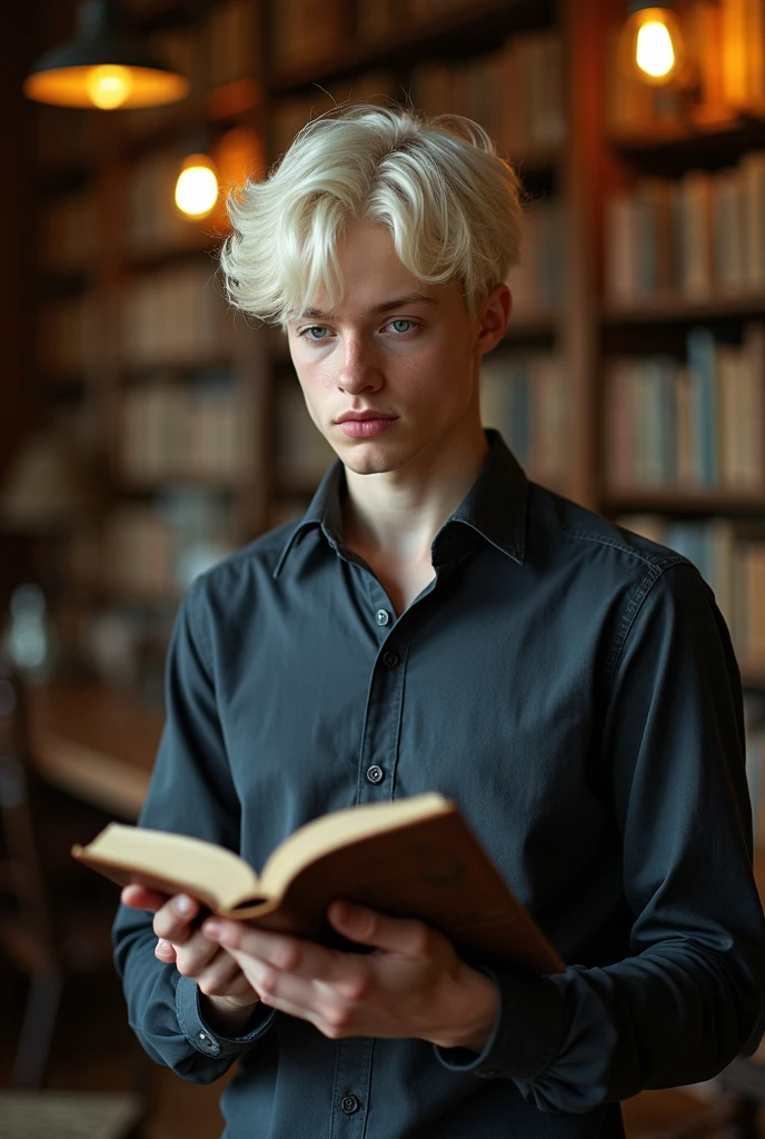 Incredibly handsome  boy late teens with -blonde hair, very pale skin, and grayish-blue eyes. Albino. Dressed in dark grayish-blue button up shirt and reading a book. Background of library. Faceclaim of Colin Ford