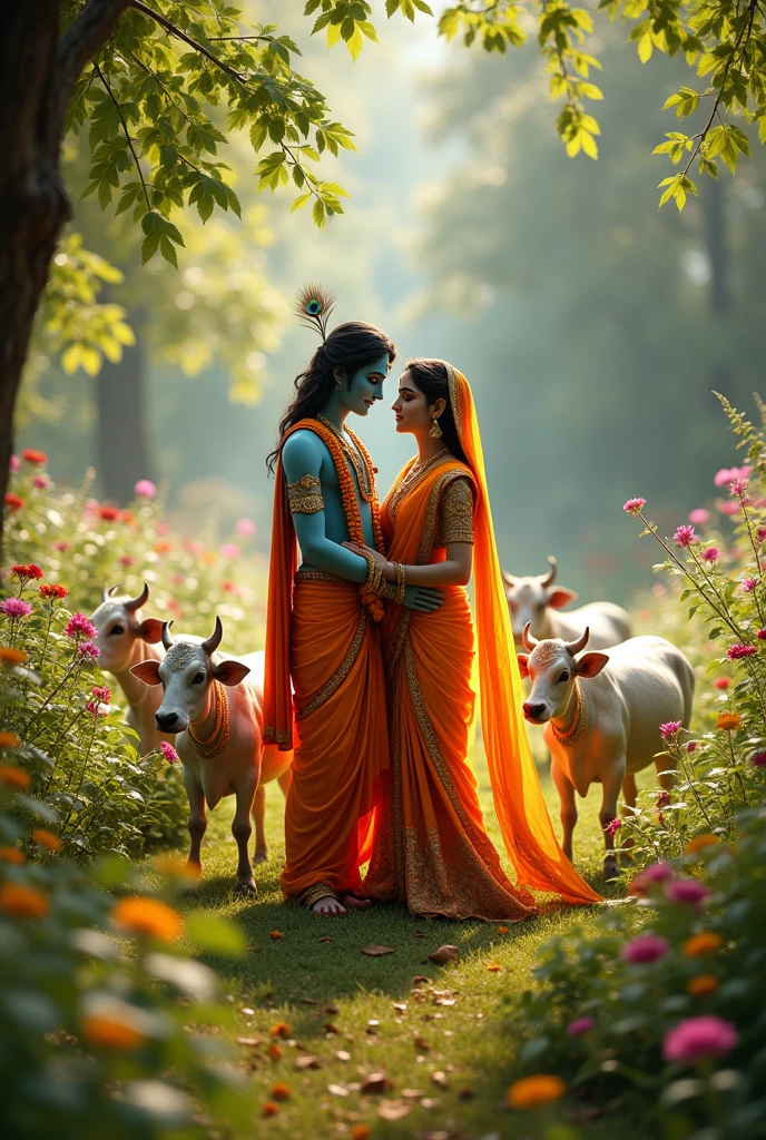 Radha Krishna, around very beautifull small cows and garden and Krishna is very beautiful and Radha is very very beautiful