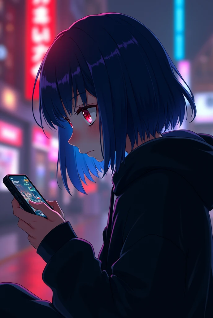 Gamer , dark background , Anime girl , dark blue hair , modern day mullet hair style , black hoodie , red eyes , almond eye , plays mobile game , side view
