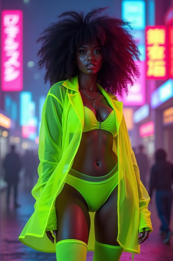 objective, BIG BOOTY, GIGANTIC ASS, HUGE BOOTY THIGHS paired with thin tapered tiny waist, shapely dark skin Goddess, epic, lime translucent sports coat + paired with long neon leg warmers, bright neon city, best quality, brightly lit face, stunning 8K UHD, happy expression, beautiful detailed eyes, beautiful detailed lips, extremely detailed face and eyes, long eyelashes, detailed clothing, hyper realistic skin, brand cover, photo realistic lighting, cinematic volumetric fog, no nudity   