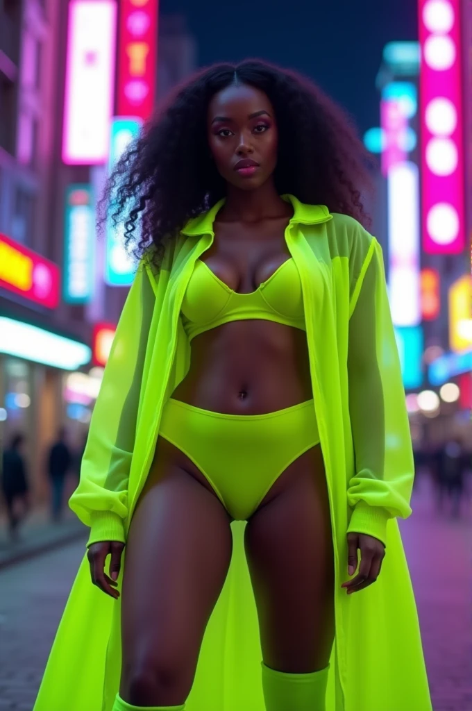 objective, BIG BOOTY, GIGANTIC ASS, HUGE BOOTY THIGHS paired with thin tapered tiny waist, shapely dark skin Goddess, epic, lime translucent sports coat + paired with long neon leg warmers, bright neon city, best quality, brightly lit face, stunning 8K UHD, happy expression, beautiful detailed eyes, beautiful detailed lips, extremely detailed face and eyes, long eyelashes, detailed clothing, hyper realistic skin, brand cover, photo realistic lighting, cinematic volumetric fog, no nudity   