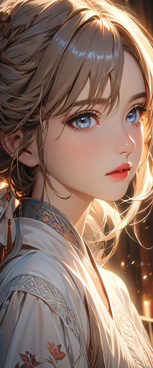 1 girl, elegant, half-body portrait photography, exquisitely detailed face, beautifully detailed eyes, beautifully detailed lips, extremely detailed eyes and face, long eyelashes, delicate skin, serene expression, soft lighting, warm color tones, intricate details, photorealistic, 8k, best quality, masterpiece, high-resolution, ultra-detailed, cinematic lighting, dramatic atmosphere