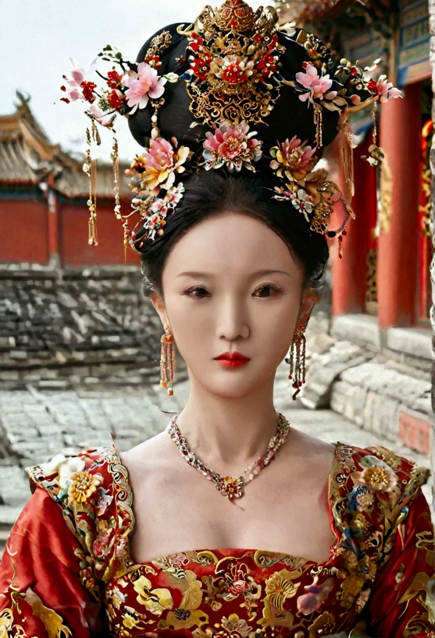 A front view of the Qing Dynasty Empress with her legs spread apart, showing her large chest. A naked Qing Dynasty Empress with a crown on, showing her stomach, thighs and feet from below.。She is completely naked, showing off her gorgeous large flowers and hairpins, her hair tied up and pulled up, and the background is the stone paving of the Chinese palace of the Qing Dynasty.