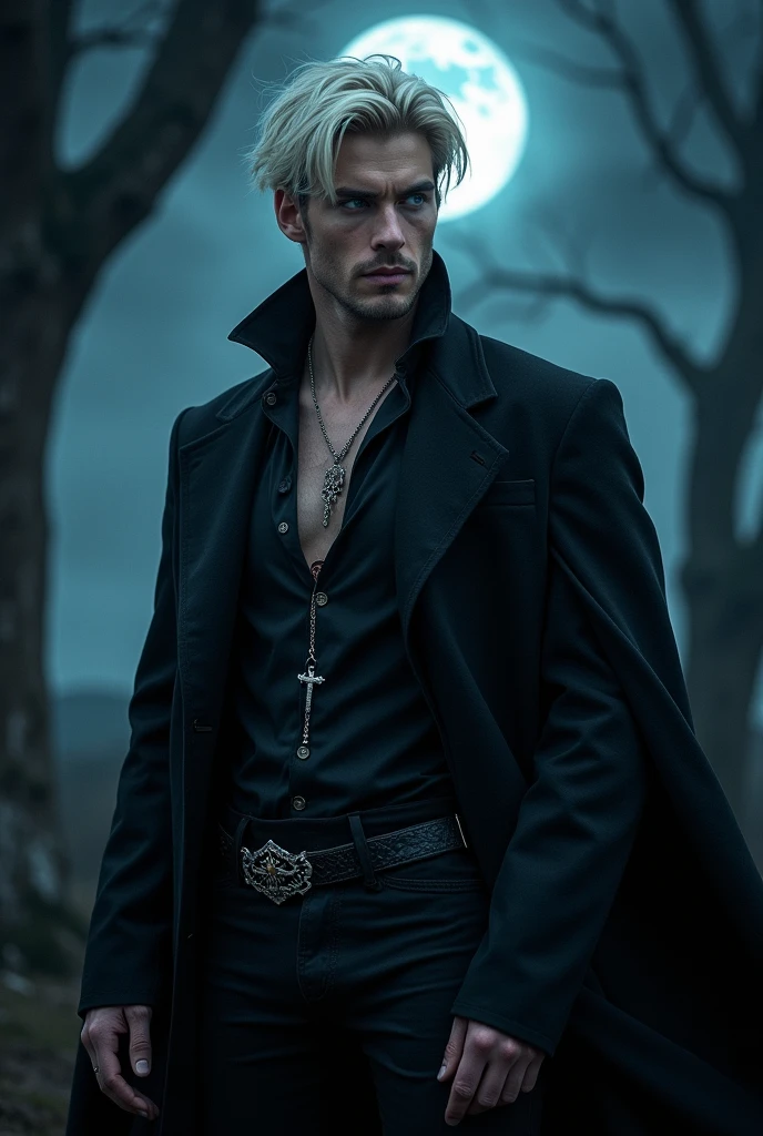 Blonde vampire man with blue eyes in the middle of the night, Man with a rosary around his neck