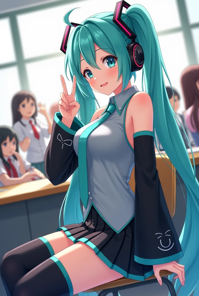 
Anime art, anime style, detailed drawing, white background, high definition, high quality, one girl, solo, Hatsune Miku, aqua hair, twin tails, head ornament, headphones, number tattoo "01" (red, located on her left hand), grey sleeveless collared shirt, black detached sleeves with aqua lines, five fingers with aqua nails, aqua necktie, black pleated mini skirt with aqua lines, zettai ryouiki, thigh-high black boots with aqua lines.

A high school student is sitting on a chair in a classroom, looking at Miku Hatsune, who is seated to his right by the window. The classroom is filled with many other students, creating a lively atmosphere.