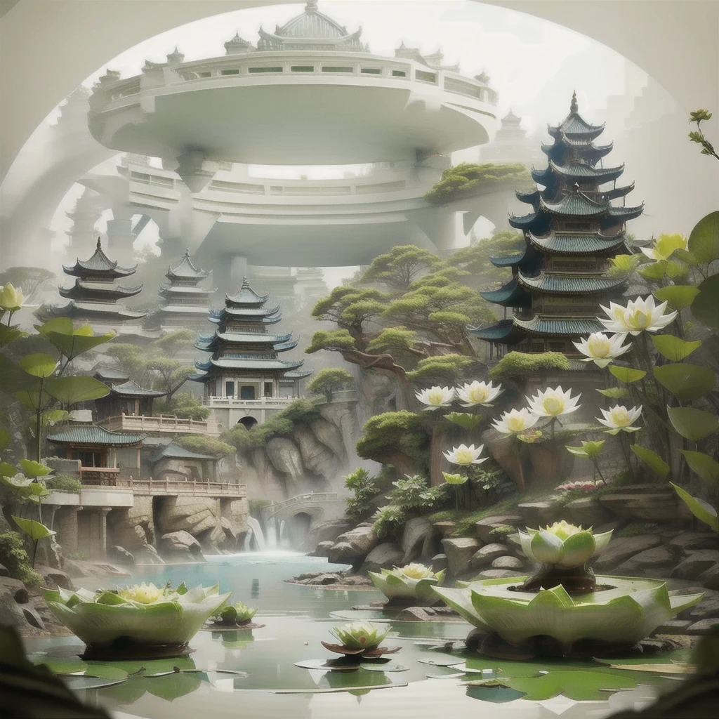 Potted plants, lake, water, lily pad,lotus, temple,