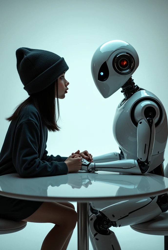 Generate a photo of a girl and a robot talking. The girl is 22 years old, Her hair is straight, black, She doesn't have bangs, She has a skullcap on her head. The robot and the girl should be sitting on chairs. The background should be a studio. 