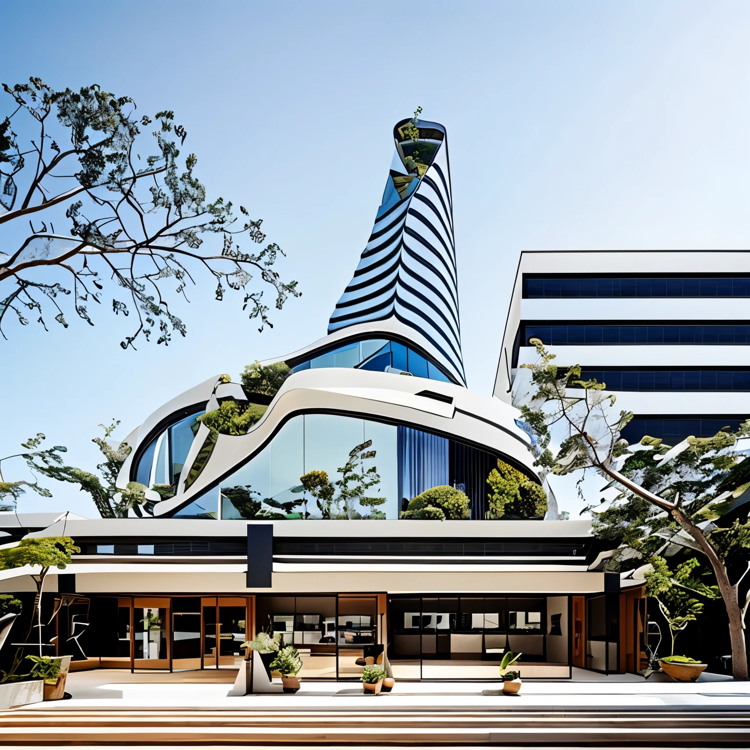 concrete cafe building tower of , futuristic, full concrete wall with small windows, bright sunny day. by Zaha