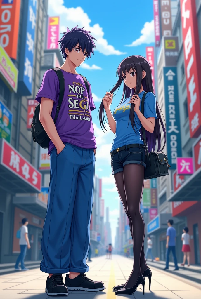 1 Japanese man,Age 20,short black and purple hair,purple short-sleeved shirt that says Nop The Sego Thailand 2,long blue pants,black shoes,Holding a sign that says Nop,1 Japanese woman,Age 24,long hair,Blue short-sleeved shirt,black shorts,tights,black high heels ,Holding a sign that says Sae