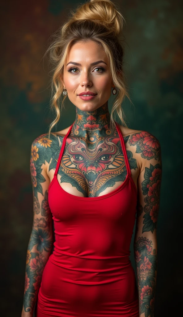 a woman in her late 30s, soft/rounded facial features, short stature, (lower set breasts:1.4), whole body covered in bright color tattoos, (chest tattoo), red bodycon dress, pokie nipples, honey blonde hair in a messy bun, (best quality,4k,8k,highres,masterpiece:1.2),ultra-detailed,(realistic,photorealistic,photo-realistic:1.37),vivid colors,studio lighting,extremely detailed tattoos,extremely detailed face and body