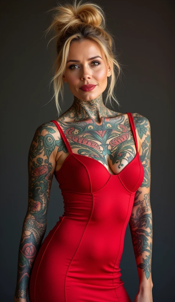 a woman in her late 30s, soft/rounded facial features, short stature, (lower set breasts:1.4), whole body covered in bright color tattoos, (chest tattoo), red bodycon dress, pokie nipples, honey blonde hair in a messy bun, (best quality,4k,8k,highres,masterpiece:1.2),ultra-detailed,(realistic,photorealistic,photo-realistic:1.37),vivid colors,studio lighting,extremely detailed tattoos,extremely detailed face and body