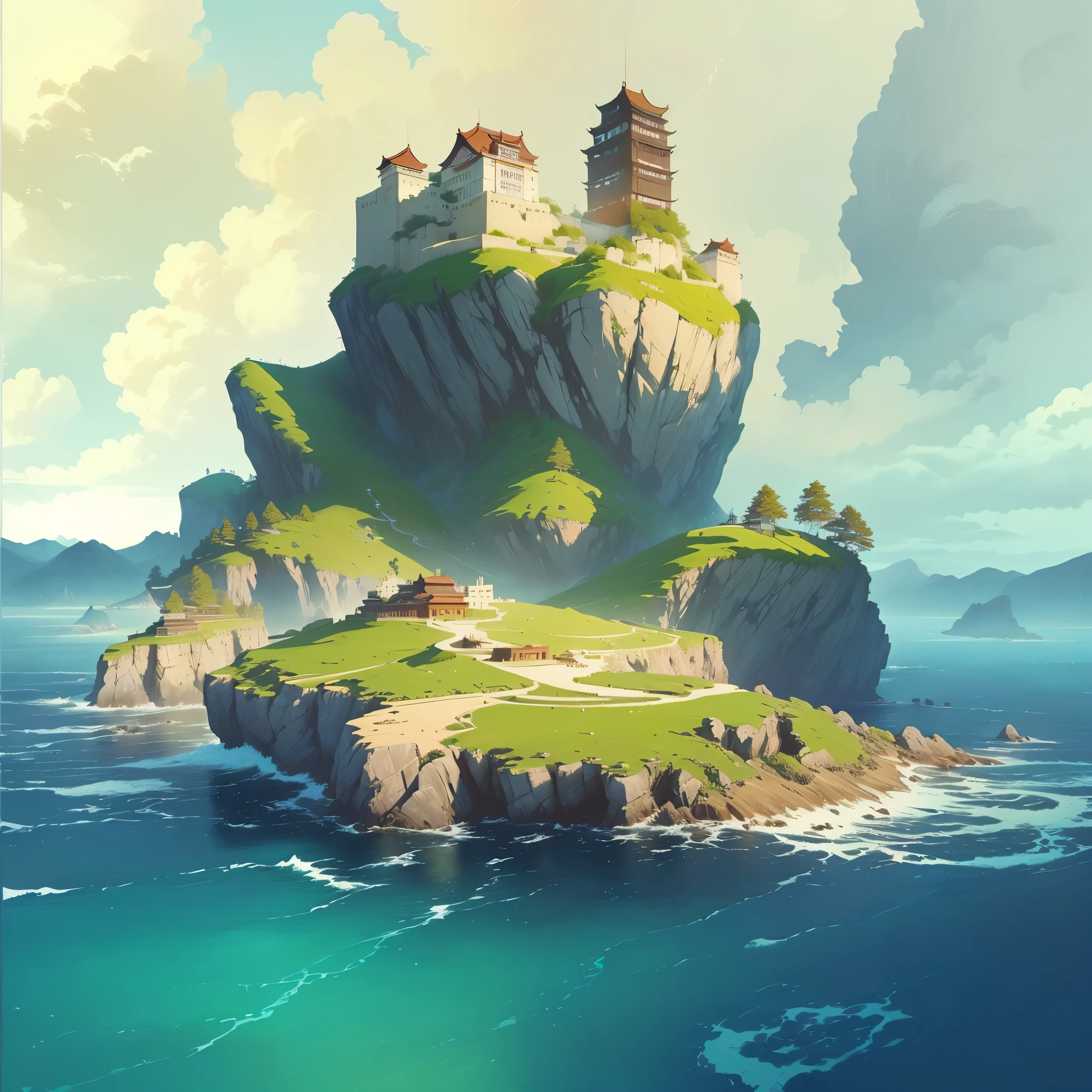 There is a small island，上面有建筑遗迹 author Raymond Han, A beautiful artistic illustration, Feiyun Castle, author Ryan Yee, Andreas Rocha style, Ross Chen. Landscape background, Inspired by Andreas Rocha, Epic painting of the island, Beautiful Numbers, author：Alexander Jean, Andreas Rocha's style