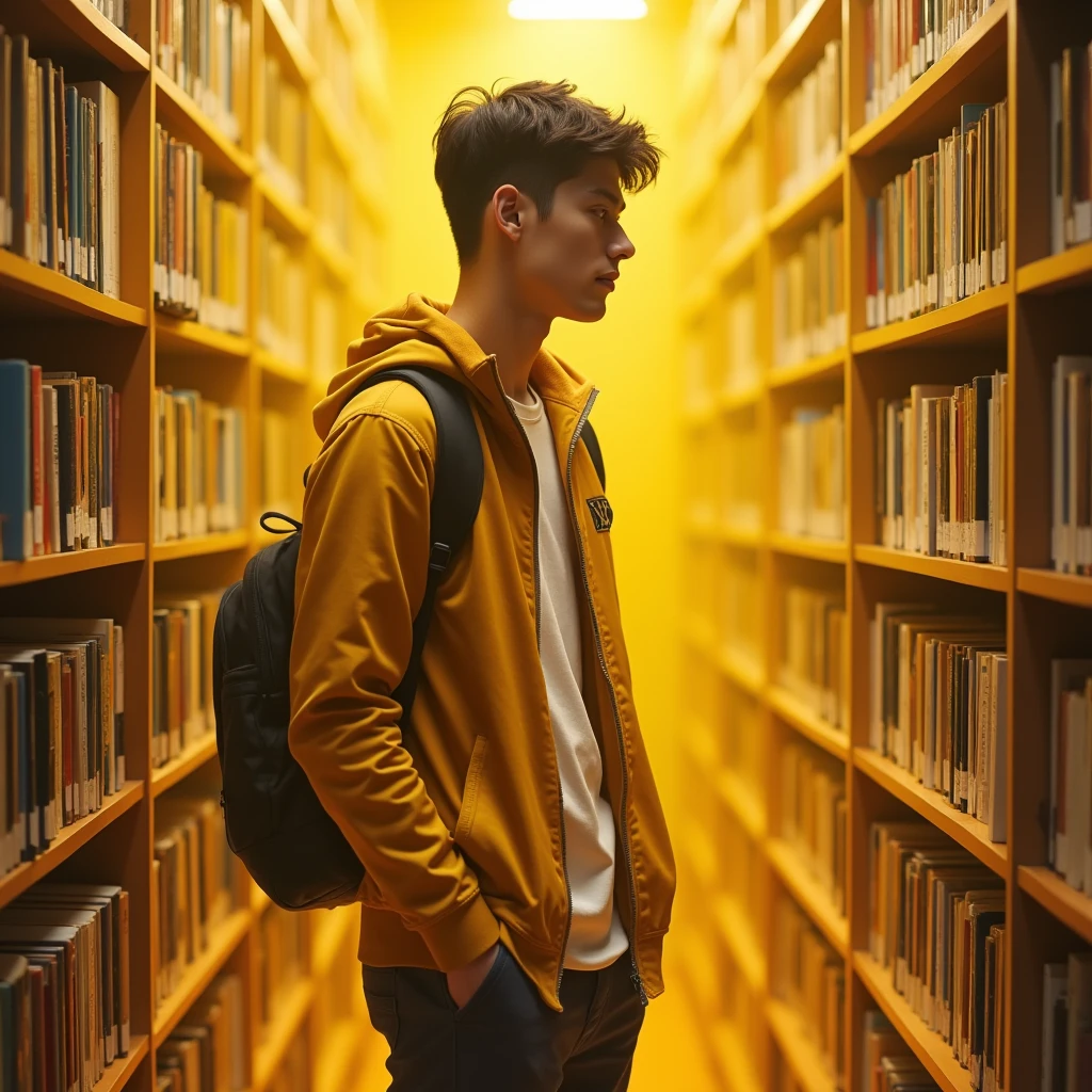 Young man, In the yellowish atmosphere of the library、Casual clothing