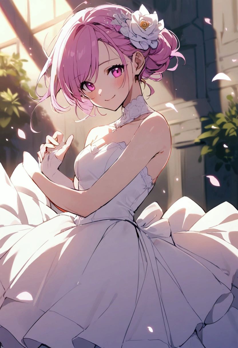20 years old girl, short purple-pink hair, pink eyes, always smiling, wearing a short wedding dress