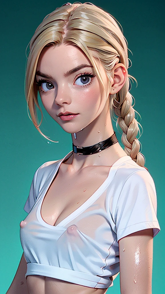 one girl, solo, (abs:1.5), slender body, fit body, (upper body, bust:1.2), (black eyes:1.3), blonde hair, (two cute braids:1.2), masterpiece, highly detailed, look at viewer, front view, (small breasts, tiny breasts, male chest, exposed breasts, deep cleavage:1.5), (transparent white t-shirt, wet t-shirt, choker:1.4), (studio lights, blured background, glowing edges of image, shiny blured background, gradient sprayed background, colorful background:1.3), expressing joy, (nipples:1.1)