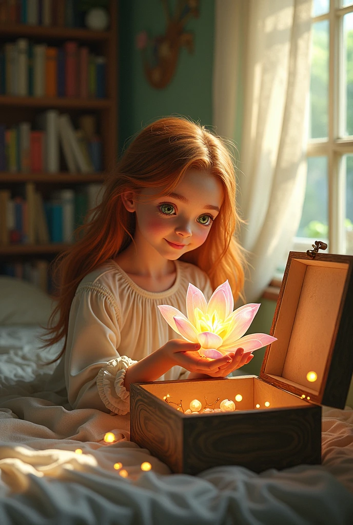 A girl tucked the magical flower safely in her room.