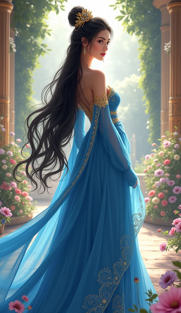 A woman in a blue dress with a golden headband, Beautiful Fantasy Empress, ((Beautiful Fantasy Empress)), Beautiful maiden, Gwaiz, Beautiful fantasy maiden, Realistic. Chen Yi, artwork in the style of Gwaiz, Beautiful and attractive anime woman, Gorgeous Chinese Model, palace ， Girl in Han Dress, Trending on cgstation, A beautiful female princess