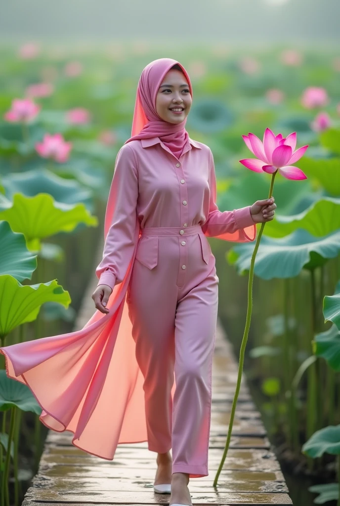 Glamor shot, beautiful Indonesian girl with white skin, well-groomed face, wearing a pink hijab walking on the lotus bridge in a long pink shirt, trousers, holding a lotus looking very happy. Original photo studio photo beautiful lotus valley background