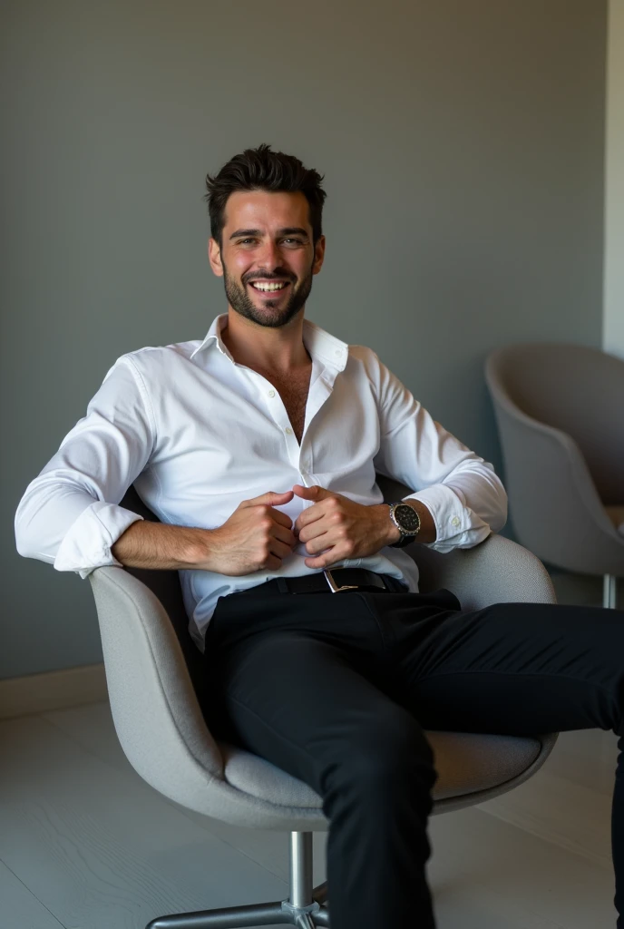 A man with a white shirt and black pants sitting in a chair in a gray room,sitting relaxed with one hand touching his belt, his legs open in front of him looking forward with a mischievous smile and seductive eyes