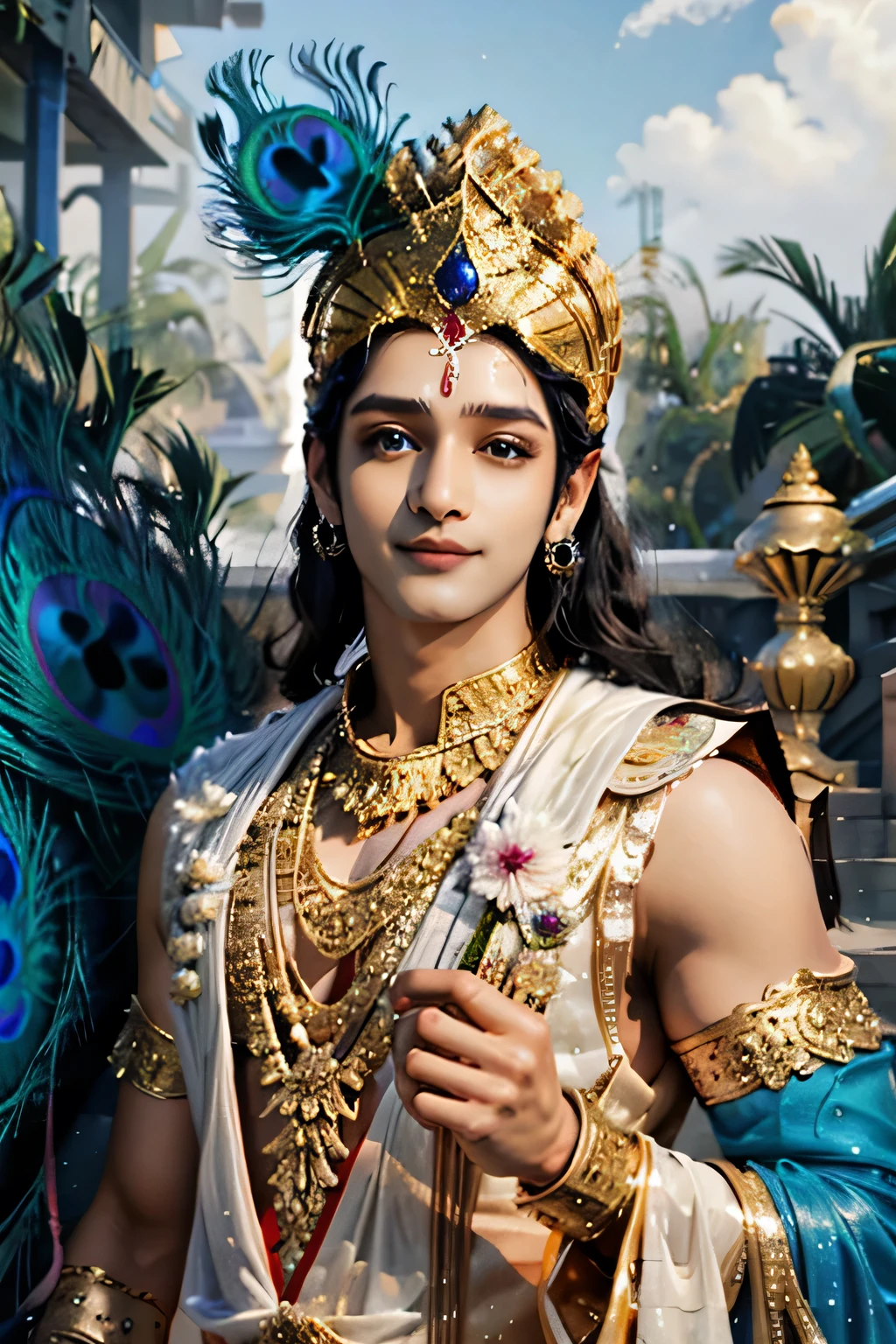 Krishna , blue skin tone, loving man , beautiful glitter eyes , blue skin tone , smiling , divine nature, god, holding musical instrument flute (bsansuree) in hands, javing peacock feathers on head.